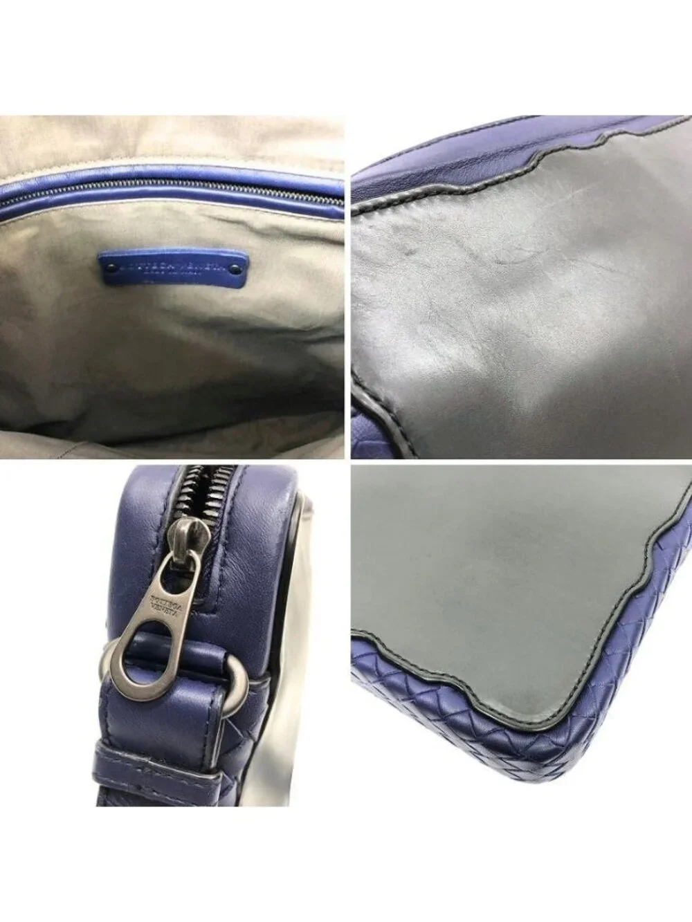 Bottega Veneta Intrecciato Trim Leather Shoulder Bag Crossbody Navy Gray Braided
